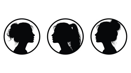 Set of three black profiles of women with different hairstyles in circular frames for beauty, fashion, and profile design Silhouette vector on whit Background