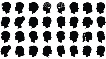 Collection of diverse human illustrations showing different genders ages and hairstyles in profile view Silhouette vector on whit Background