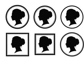 Collection of six elegant illustrations of female profile portraits in various circular and rectangular frames Silhouette vector on whit Background