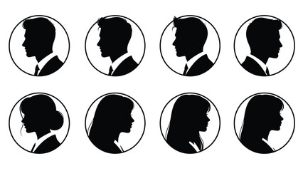 illustration of diverse male and female profile silhouettes in circular frames representing gender diversity and identity Silhouette vector on whit Background