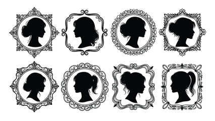Elegant vintage portraits of women and girls in ornate frames artistic illustration with female and profile Silhouette vector on whit Background