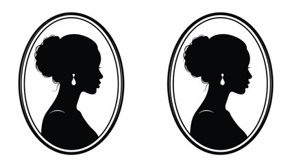 Elegant portrait of a woman with classic updo hairstyle and earrings inside an oval frame illustration with fashion Silhouette vector on whit Background