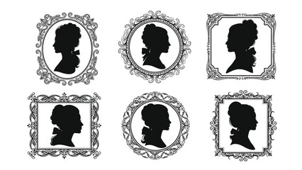 Elegant vintage portraits of women in classic ornate frames for artistic and historical illustration with decorative Silhouette vector on whit Background