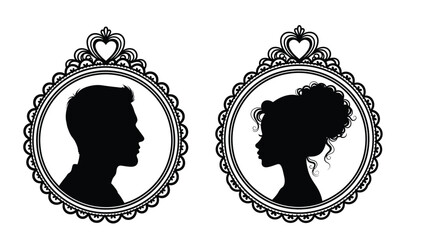Elegant vintage silhouettes of a man and woman within ornate decorative frames for romantic or classical themed design projects Silhouette vector on whit Background