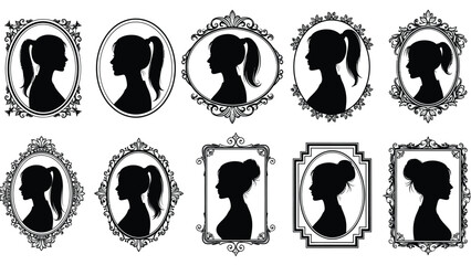 Elegant vintage portraits of women in ornate frames with classic design elements and intricate decorative borders Silhouette vector on whit Background
