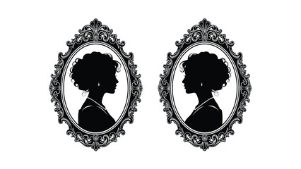 Elegant vintage portraits of women in ornate frames for classic art and decor designs with illustration Silhouette vector on whit Background