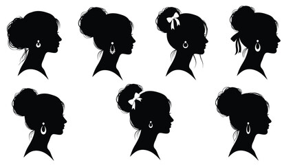 Set of eight illustrations of elegant female profiles with hairstyles and accessories for beauty and fashion design Silhouette vector on whit Background