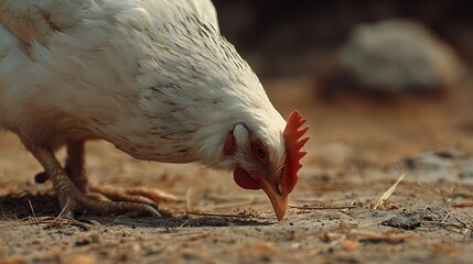 A domestic hen and a red-combed rooster stand amidst the feathers and eggs of a poultry farm, showcasing essential livestock in an organic agriculture nature setting