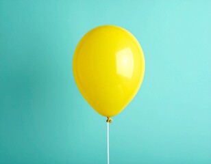 Single Yellow Balloon Floating on Minimalist Teal Blue Background with Copy Space