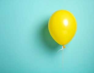 Single Yellow Balloon Floating on Minimalist Teal Blue Background with Copy Space