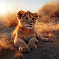Fototapeta premium Adorable lion cub rests peacefully in golden savanna grass at sunset. Close-up of a cute, innocent wild animal in its natural habitat.