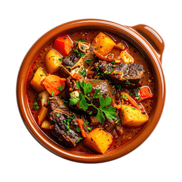 A simple bowl of rabo de toro, focusing on the succulent oxtail and flavorful broth, isolated on white background