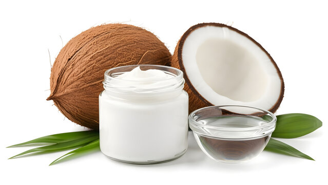 a still life composition showcasing a whole coconut a halved coconut coconut cream in glass jars and vibrant green leaves high quality professional detailed modern elegant