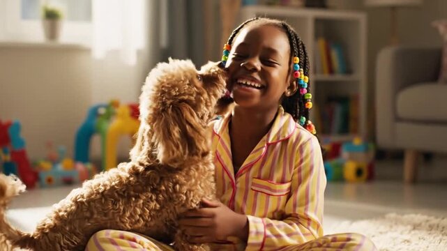 Adorable african american girl enjoying affectionate moment with her pet poodle dog