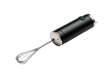 Sleek, black, handheld mini whisk appliance on pure black