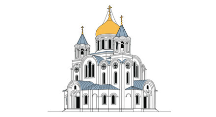 Fototapeta premium Elegant line drawing of a traditional Orthodox church with white walls and a striking golden dome against a clean white background.
