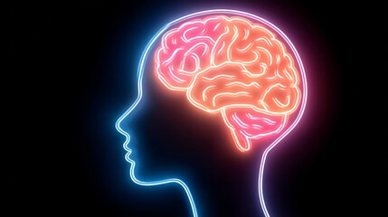 Glowing neon outline of a human head and brain in blue and pink. Suitable for psychology blogs, neuroscience websites, or mental health platforms discussing cognition, ideas, and therapy.