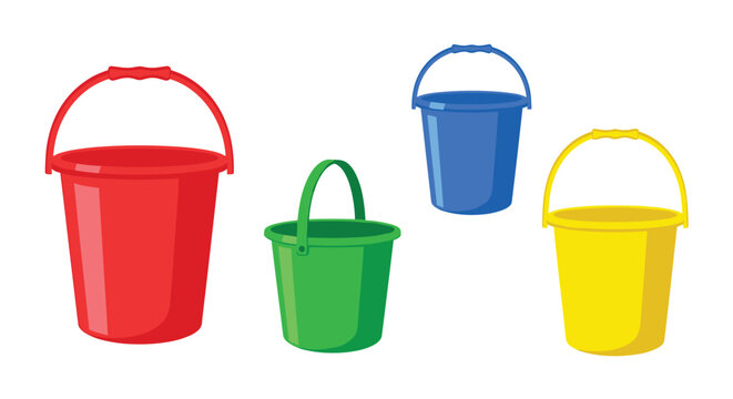 Collection of four plastic buckets in primary colors red green blue and yellow for household cleaning or playing at the beach.