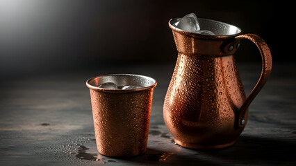 A copper mug and pitcher filled with ice sit on a dark surface, illuminated by a soft light.