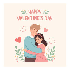 Couple Embracing on Valentine's Day Surrounded by Hearts and Flowers