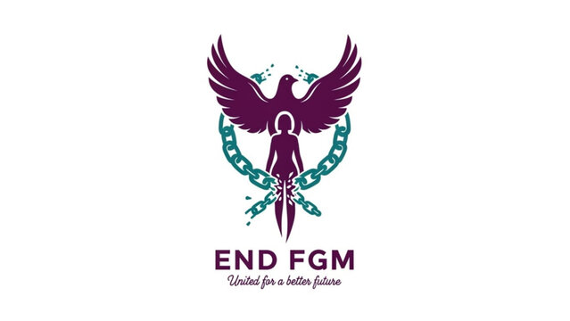 End FGM logo with phoenix and broken chains symbol of freedom and empowerment for women isolated on white background