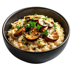 Risotto ai funghi porcini in a shallow bowl, topped with grated parmesan and fresh parsley, isolated on a clean white background