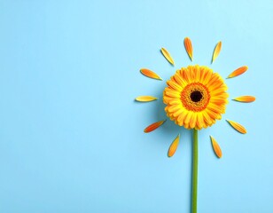 Creative Top View of Yellow Gerbera Daisy with Scattered Petals on Pastel Blue Background