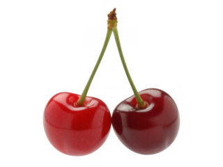 Two ripe red cherries with green stems fruit fresh isolated on a transparent background