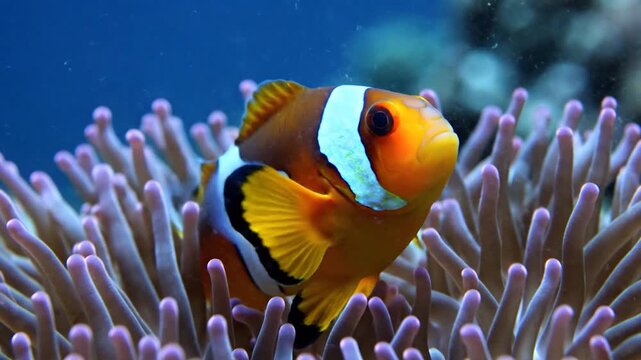 Clownfish in sea anemone symbiotic relationship underwater wildlife