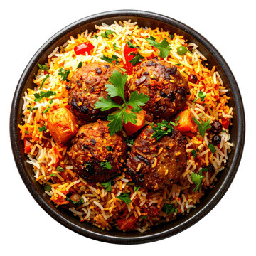Somali bariis iskukaris, a fragrant spiced rice dish with meat and vegetables, professionally isolated on a white background