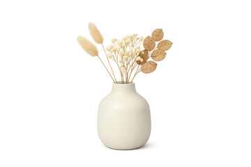 Elegant Dried Flower and Foliage Arrangement in Cream Vase on White Background