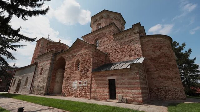 Medieval exterior of ancient orhodox church Zica Monastery. Serbia. High quality 4k footage