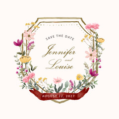 pink yellow wedding badge wildflower watercolor frame