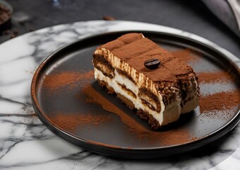 Slice of layered chocolate dessert on a dark plate with cocoa powder layered dessert