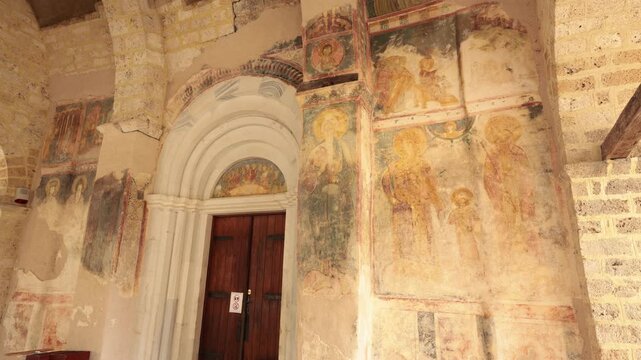Small elements of ancient frescoes preserved to present time. Painted frescoes decorations of medieval monastery in Sopocani.