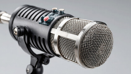 Close-up of a professional studio microphone on a stand, symbolizing audio recording, broadcasting, podcasting, music production, and communication technology