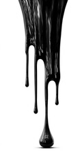Isolated splash of crude oil with shiny texture and thick drip lines on clean white surface