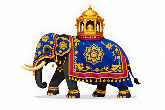 Decorated Sri Lankan procession elephant illustration in royal blue and gold colors