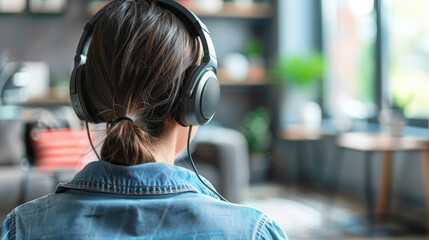 Rear view of man wearing headphones listening to music in a cozy modern home interior symbolizing relaxation, focus, home lifestyle and audio entertainment.