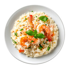 Gourmet risotto con gamberi, with perfectly cooked shrimp in a rich and creamy sauce, isolated on white background