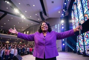 Smiling African American female gospel singer in a vibrant purple jacket performing joyfully on stage with colorful stained glass windows behind.