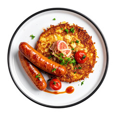 A large, round r&ouml;sti with a cervelas sausage coiled on top, a classic swiss combo, isolated on white background

