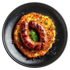 R&ouml;sti with sausage, a swiss potato pancake served with a grilled cervelas on the side, isolated on white background
