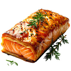 A portion of baked salmon in puff pastry with a creamy spinach filling, elegantly plated and isolated on a white background
