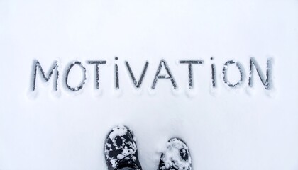 Snowfall reveals the word motivation written on a snowy pavement with footprints visible