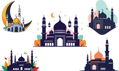 Hand Drawn Flat Vector mosque Crescent Moon Illustration