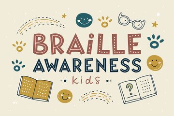 A colorful logo promoting braille awareness for kids with rounded letters and fun illustrations