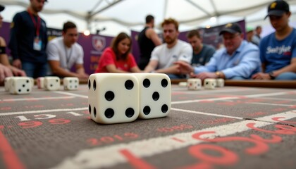 The image features a lively scene centered around a large table with oversized dice placed on it, suggesting a game or betting activity