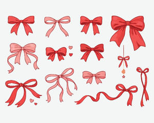 Collection of hand-drawn red and pink decorative bows and ribbons for celebration and design