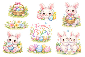 Adorable watercolor style Easter clipart . This set features sweet bunny illustrations, colorful Easter eggs, floral elements, baskets. Perfect for Easter cards, invitations, stickers